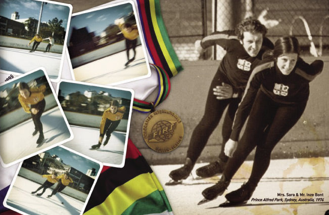 Sara and Inze Bont speed skating in Sydney in 1974, with historic skating photographs and a medal