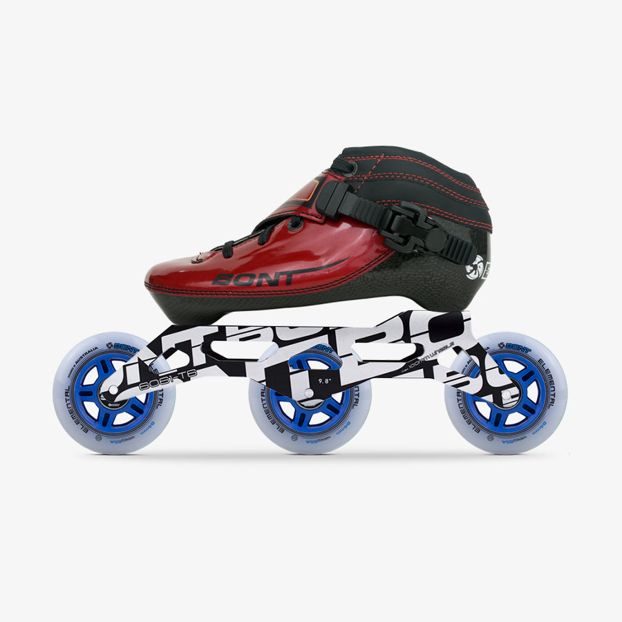 Red Luna kids inline skate with a carbon-composite boot, Unity 9.8-inch frame, and three blue-hub Elemental 84mm wheels_red