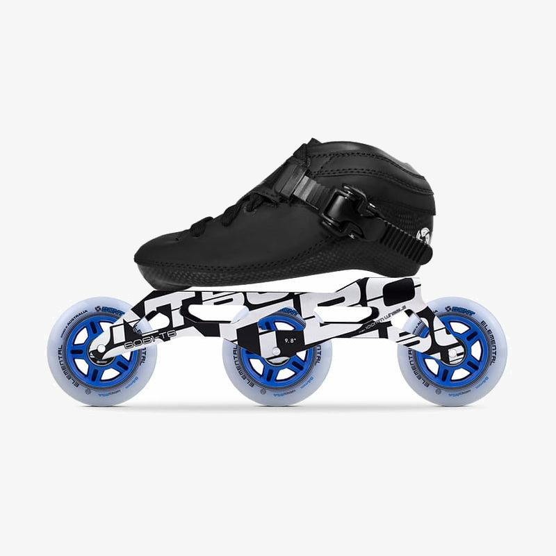 Black Luna kids inline skate with a carbon-composite boot, Unity 9.8-inch frame, and three blue-hub Elemental 84mm wheels_black
