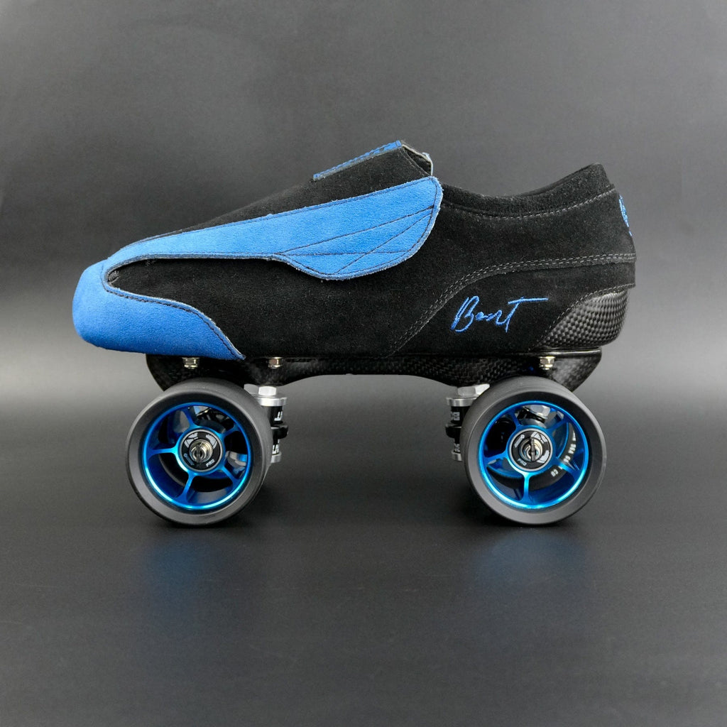 Side view of the Envy suede skate showing blue and black suede finish
