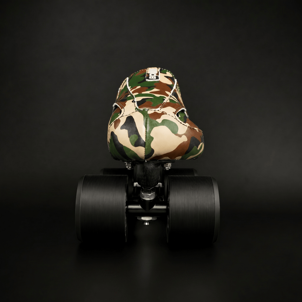 Skater wearing Envy Camo Roller Skates in motion