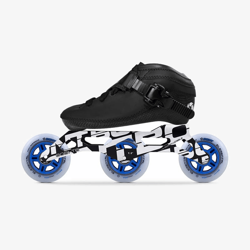 Black Luna kids inline skate with a carbon-composite boot, Unity 9.8-inch frame, and three blue-hub Elemental 84mm wheels_black