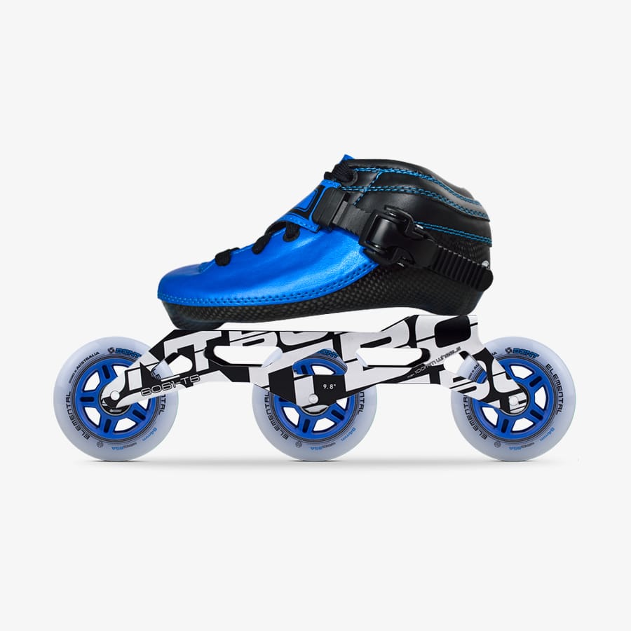 Blue Luna kids inline skate with a carbon-composite boot, Unity 9.8-inch frame, and three blue-hub Elemental 84mm wheels_blue