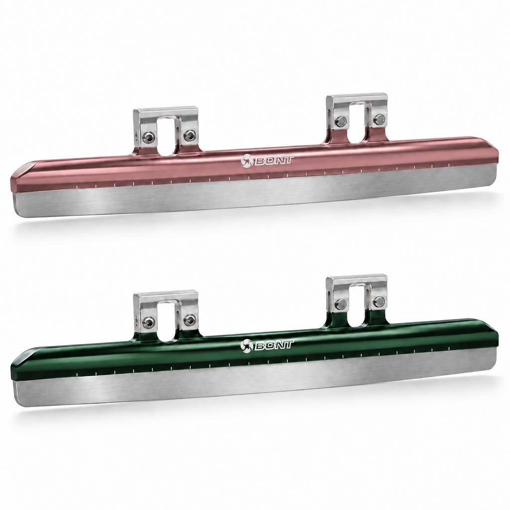 Pink and green Platinum Flex short track blades with silver mounting cups