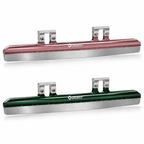 Pink and green Platinum Flex short track blades with silver mounting cups
