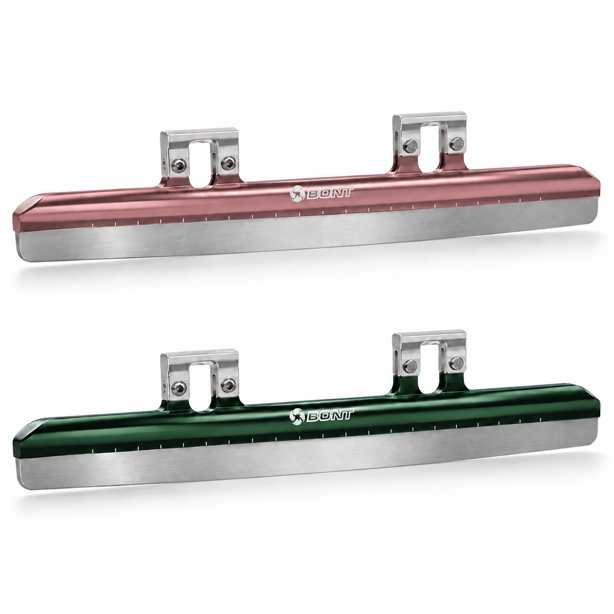 Pink and green Platinum Flex short track blades with silver mounting cups