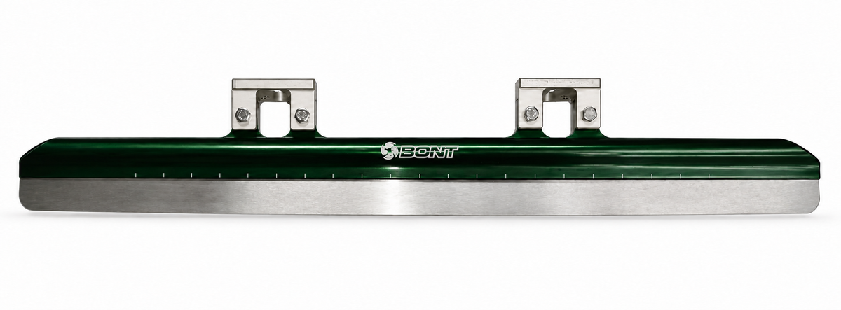 Green Platinum X firm blade with Bont branding, silver cups, and polished steel runner