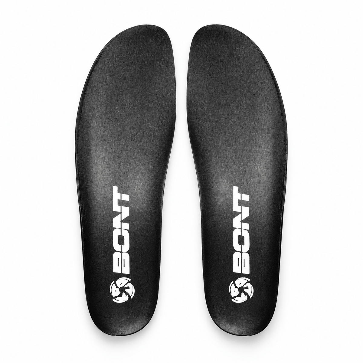 Studio view of a pair of thin black EVA skate insoles for inline, roller, and ice boots.