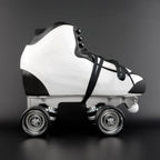 Rhythm skater performing footwork using quad roller skates