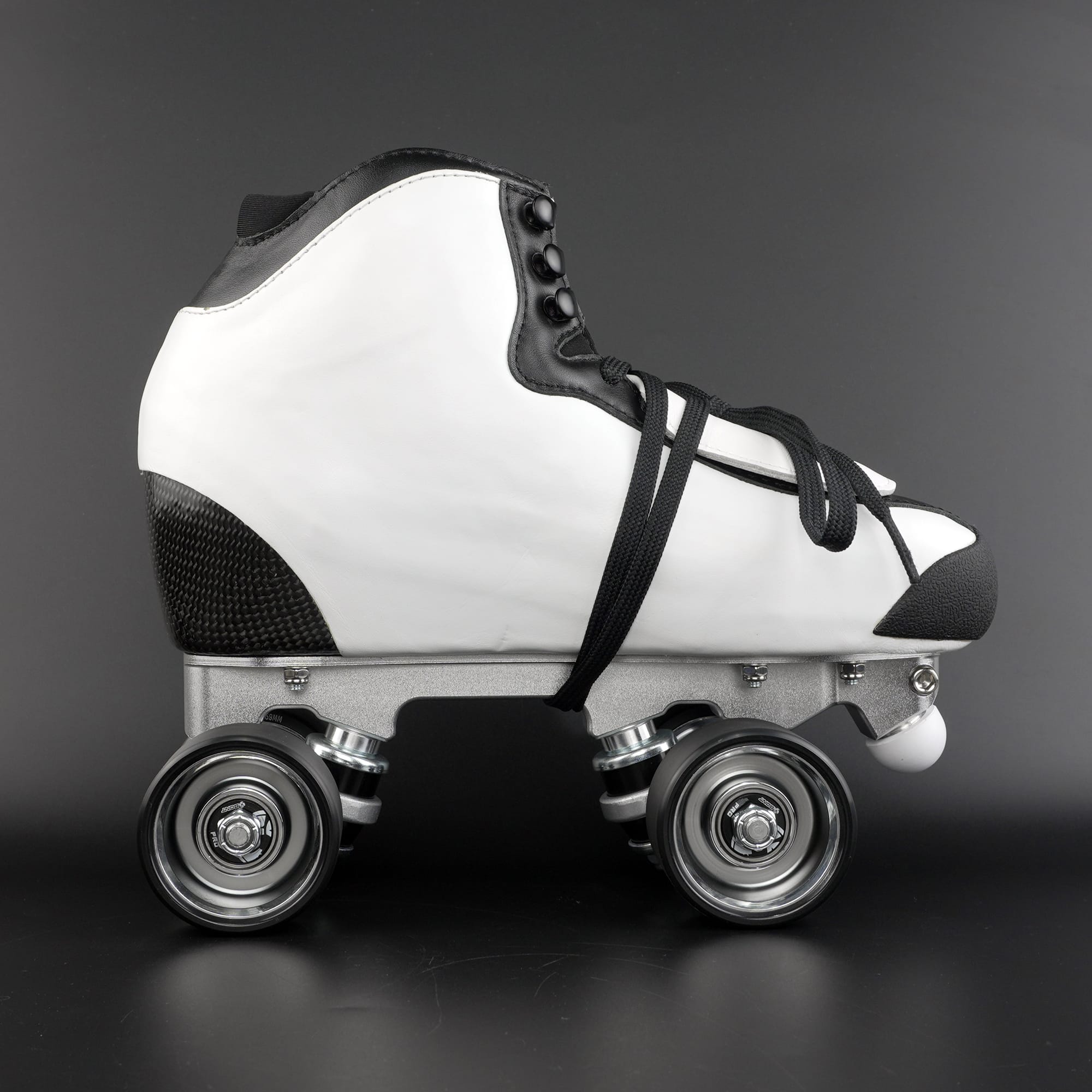 Rhythm skater performing footwork using quad roller skates