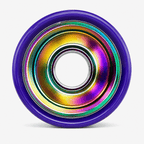 Close-up of the 6061 rainbow iridescent hub with purple urethane