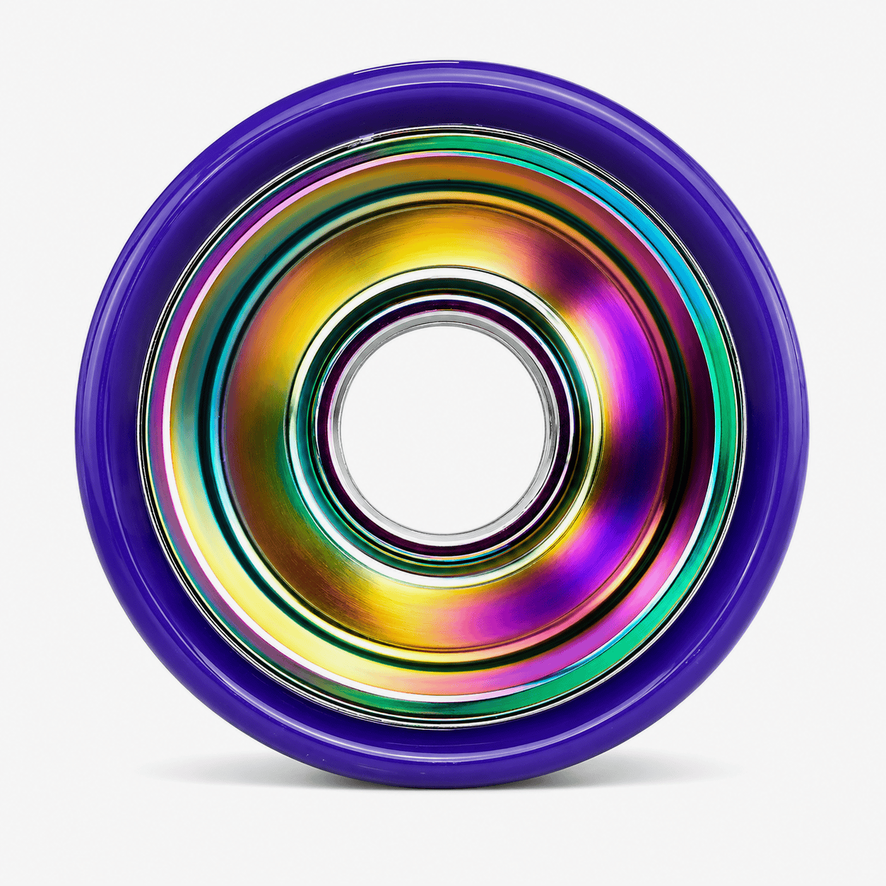 Close-up of the 6061 rainbow iridescent hub with purple urethane
