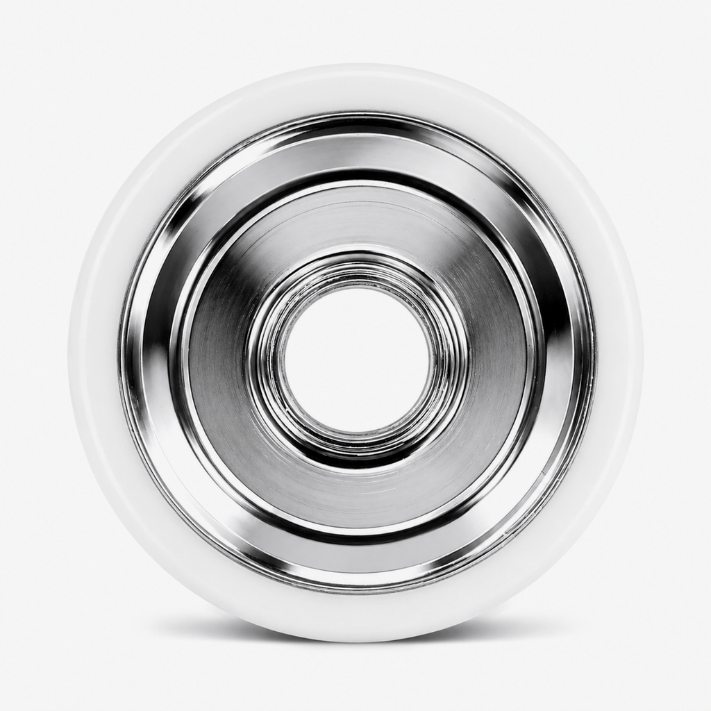 Close-up of the 6061 aluminum hub with electroplated silver finish with white urethane