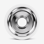 Close-up of the 6061 aluminum hub with electroplated silver finish with white urethane