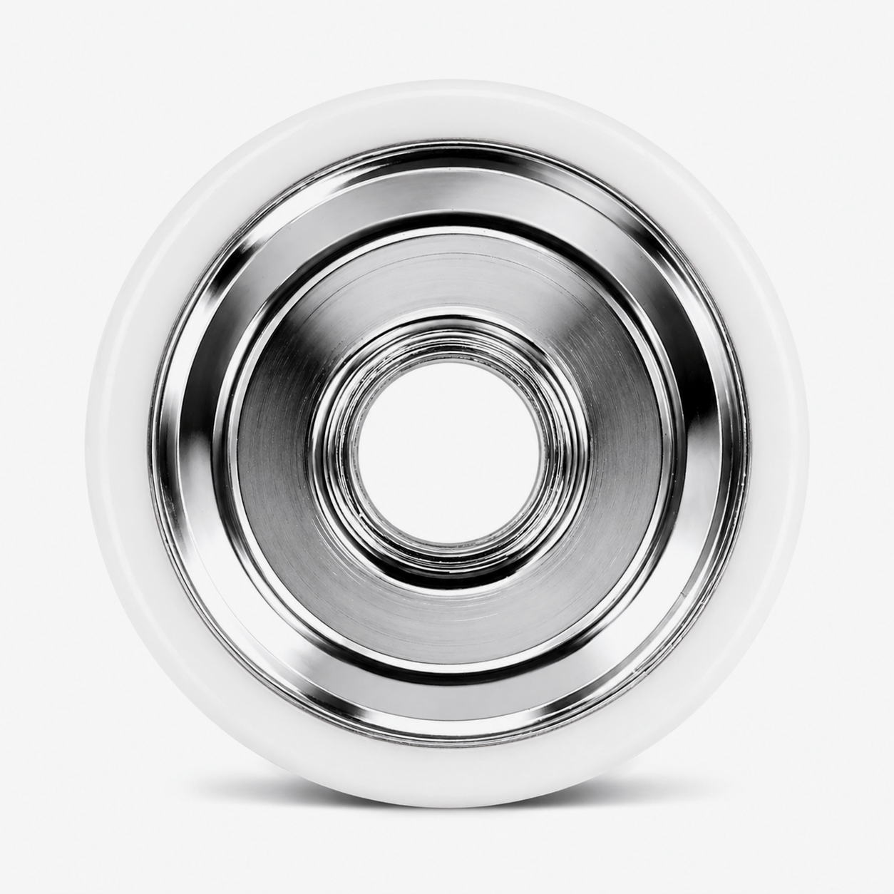 Close-up of the 6061 aluminum hub with electroplated silver finish with white urethane