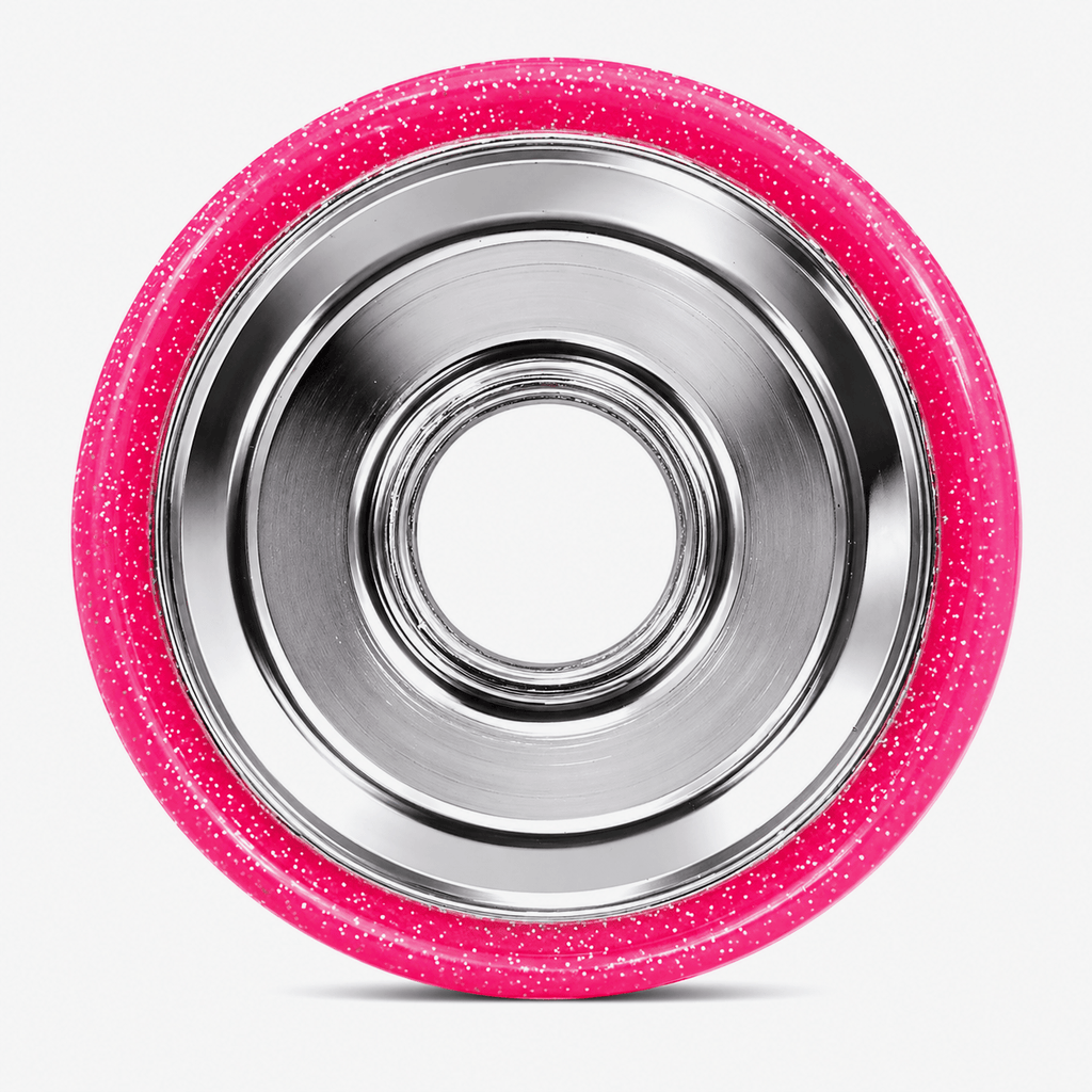 Close-up of the 6061 aluminum hub with electroplated silver finish with pink glitter urethane 