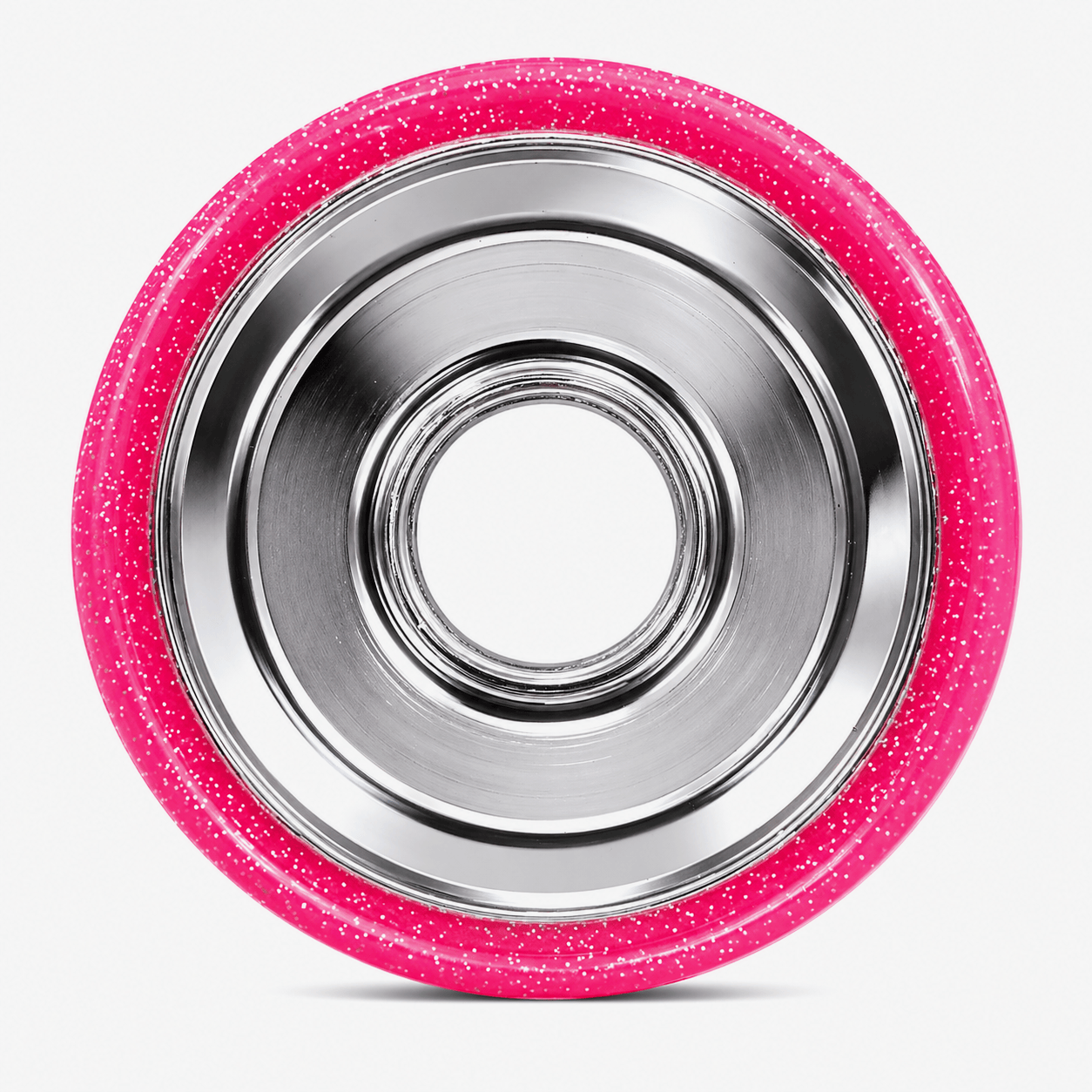 Close-up of the 6061 aluminum hub with electroplated silver finish with pink glitter urethane 