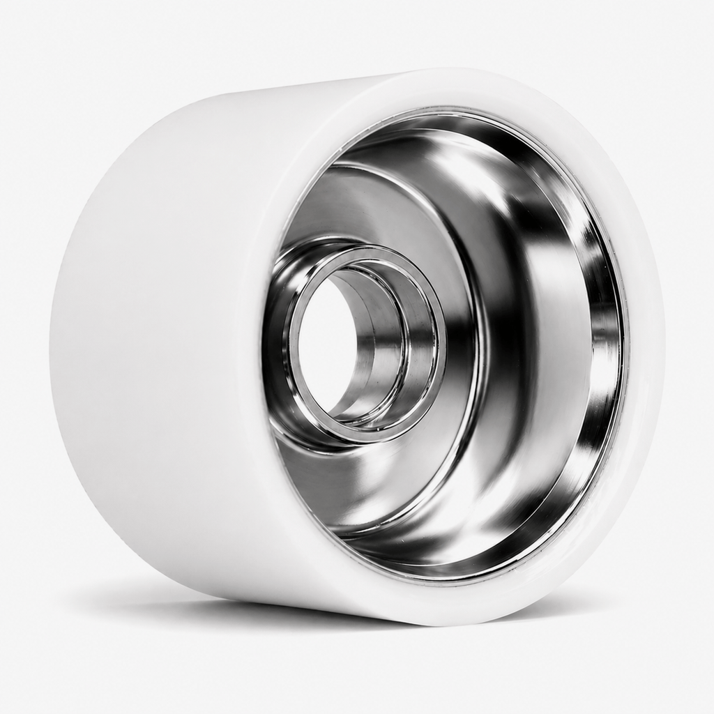 Side view of Ultraglide Indoor Roller Skate Wheel showing polished silver hub with white urethane