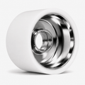 Side view of Ultraglide Indoor Roller Skate Wheel showing polished silver hub with white urethane