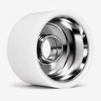 Side view of Ultraglide Indoor Roller Skate Wheel showing polished silver hub with white urethane