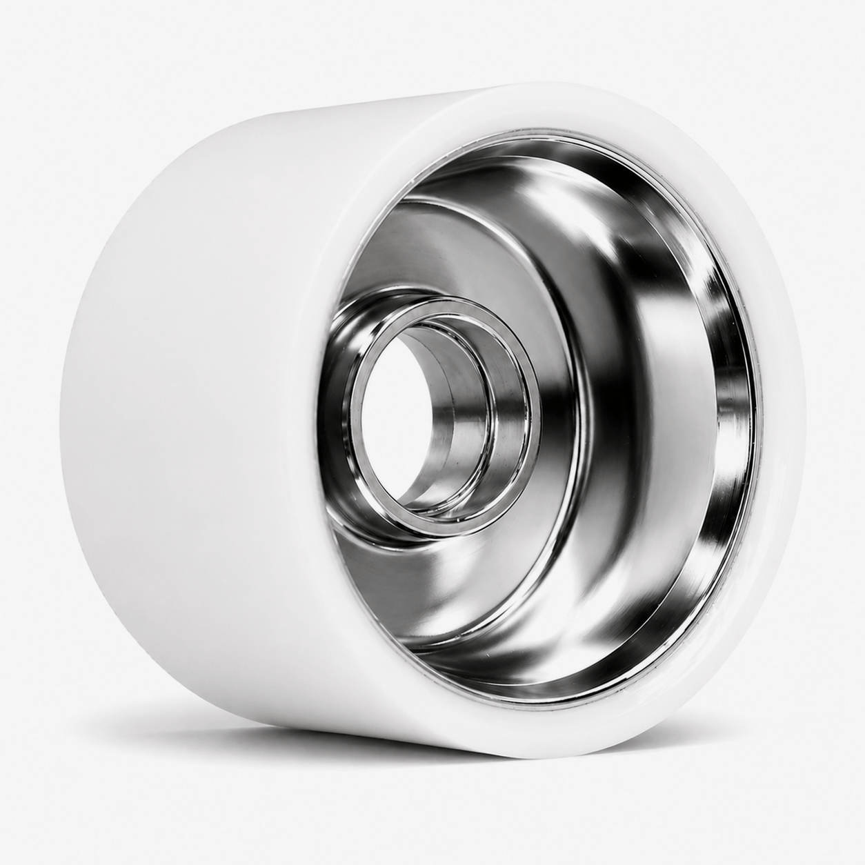Side view of Ultraglide Indoor Roller Skate Wheel showing polished silver hub with white urethane