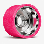 Side view of Ultraglide Indoor Roller Skate Wheel showing polished silver hub with pink glitter urethane 