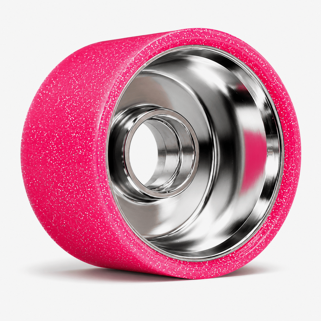 Side view of Ultraglide Indoor Roller Skate Wheel showing polished silver hub with pink glitter urethane 